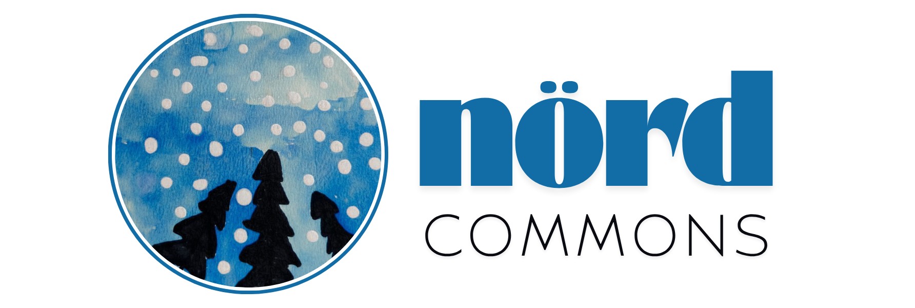 Nörd Commons logo with winter landscape and snow-covered trees.
