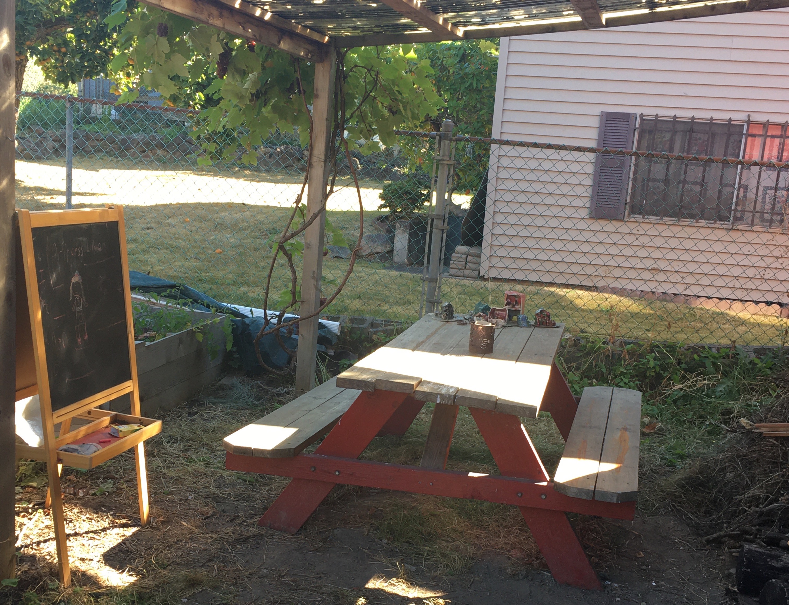 Outdoor picnic table and chalkboard in a backyard setting in Seattle.