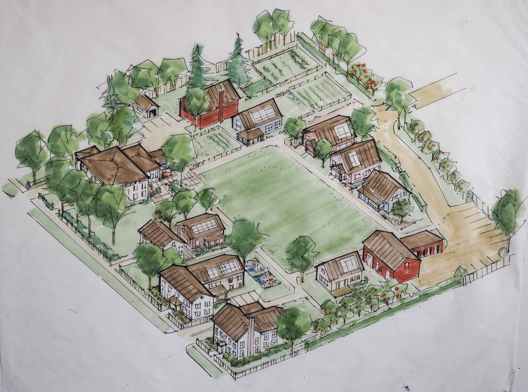 Illustration of Bristol Village cohousing with homes, green spaces, and pathways.