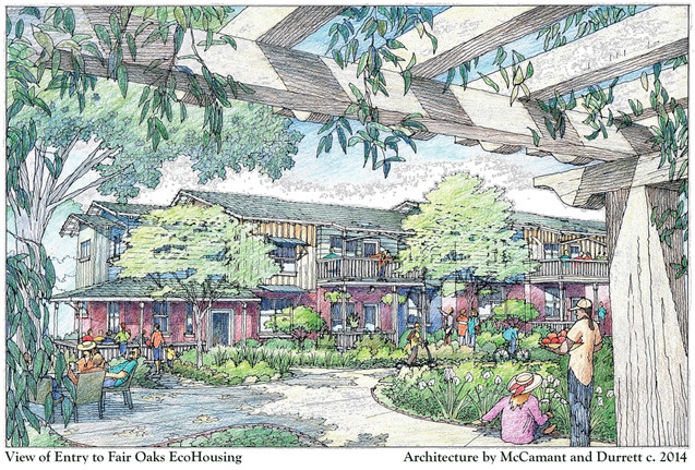 View of community courtyard at Fair Oaks EcoHousing with residents and lush greenery.