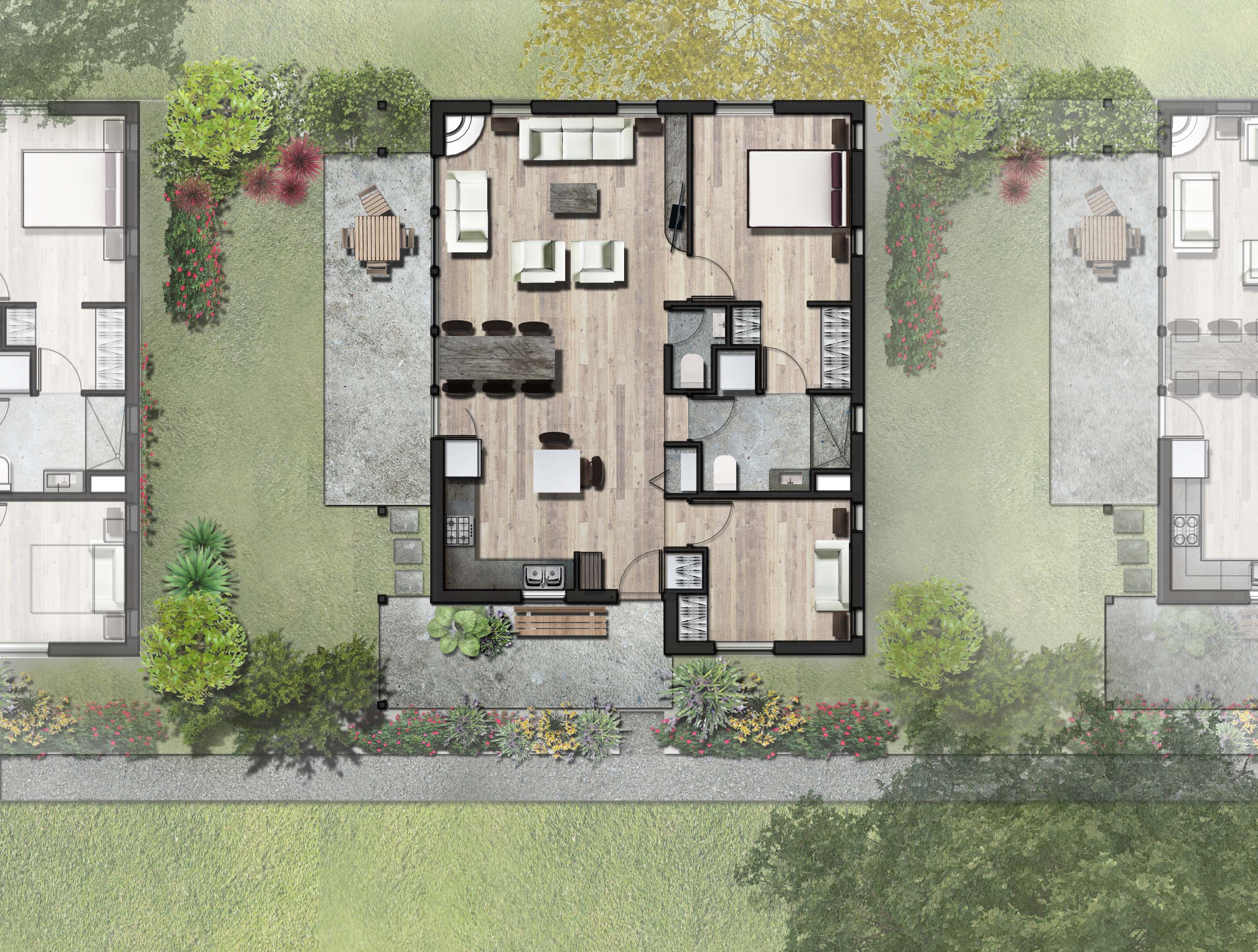 Floor plan of a community home at Silver Leaf with garden and outdoor seating.