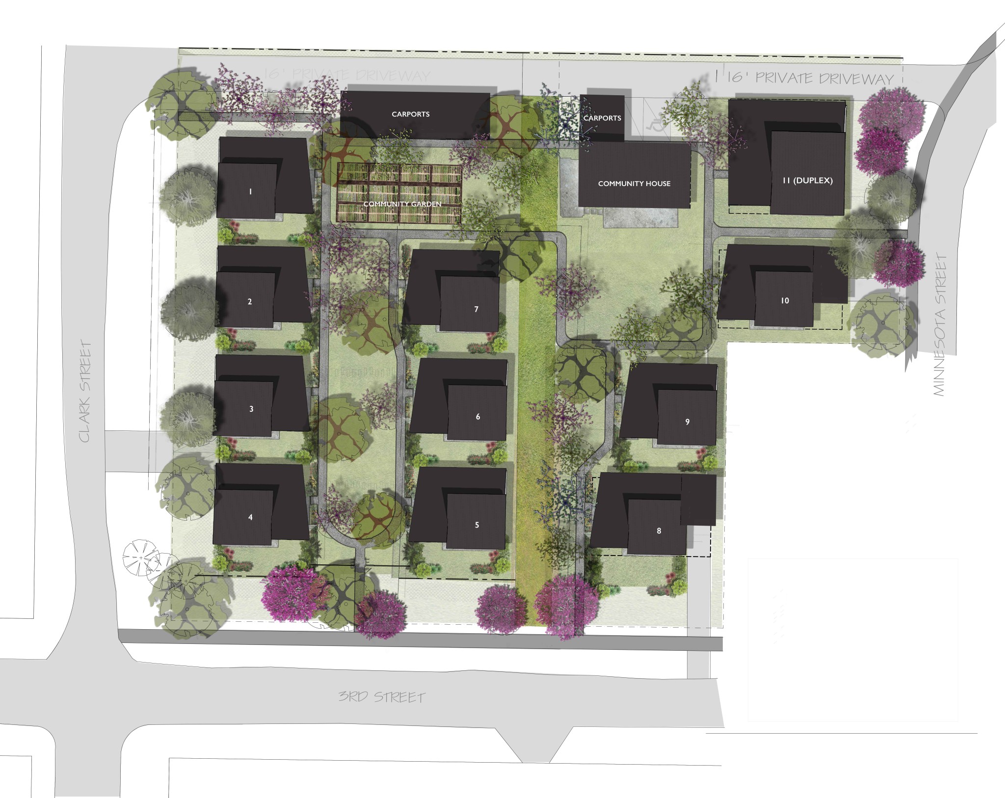 Site plan for community housing with gardens, pathways, and communal facilities.