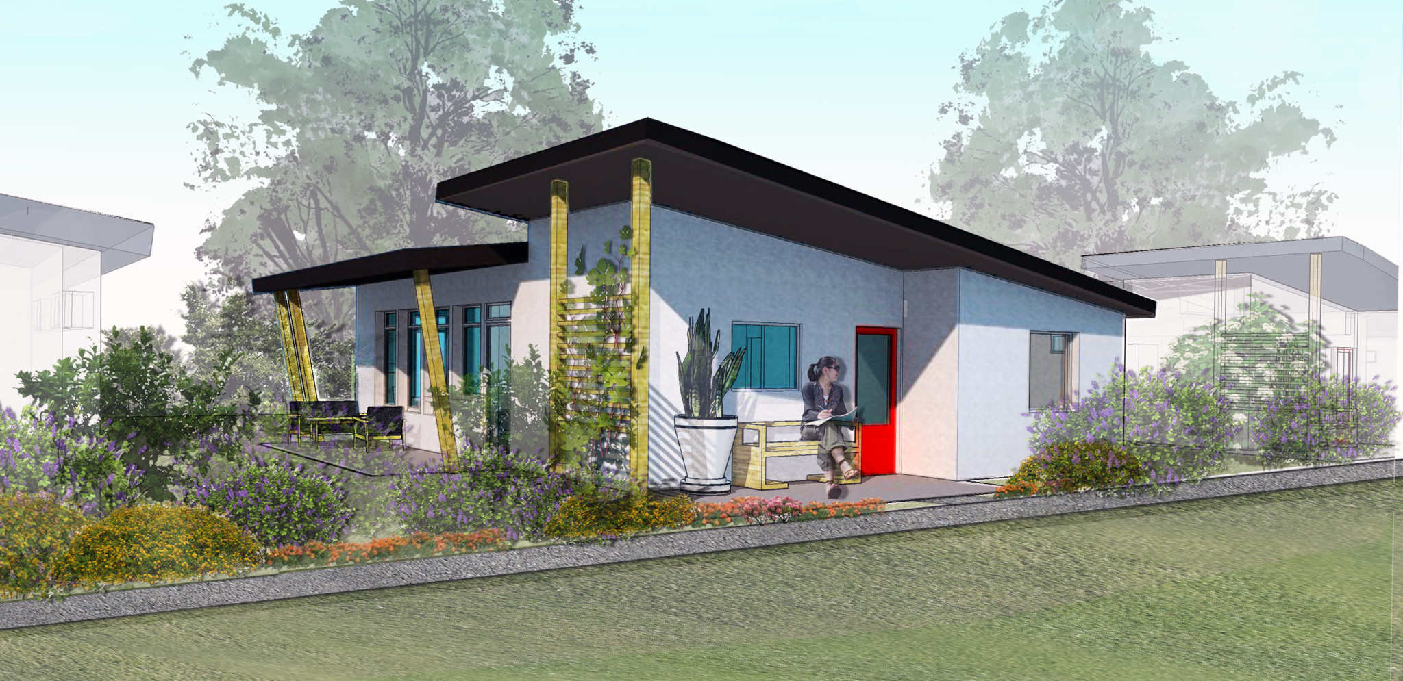 Contemporary tiny house with colorful door and lush garden setting.