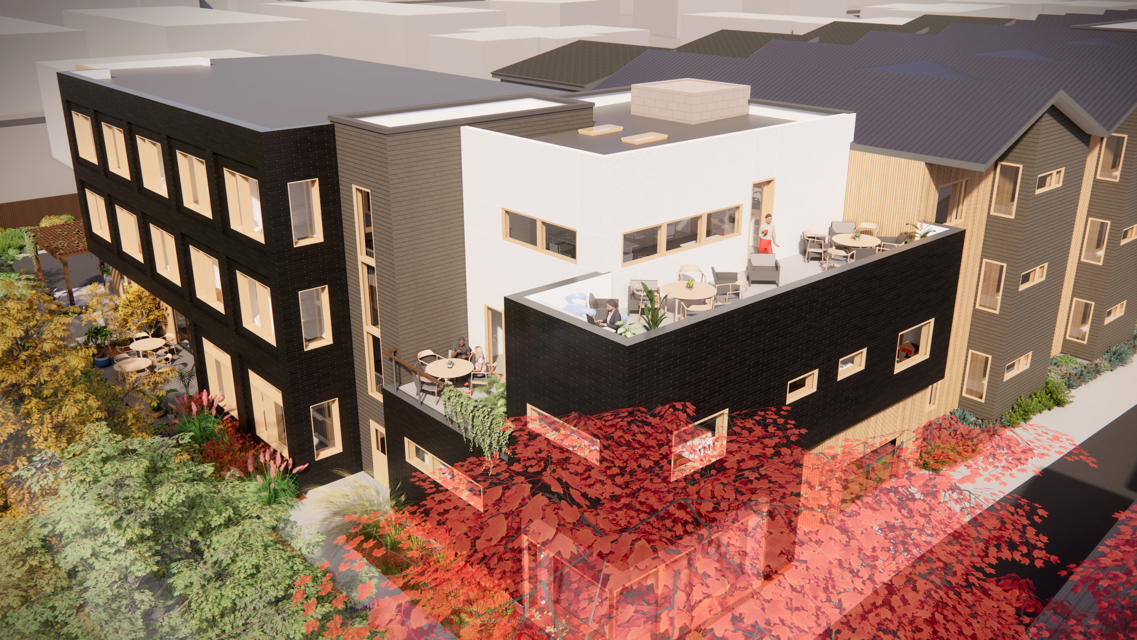 Contemporary community building with rooftop terrace and outdoor seating.