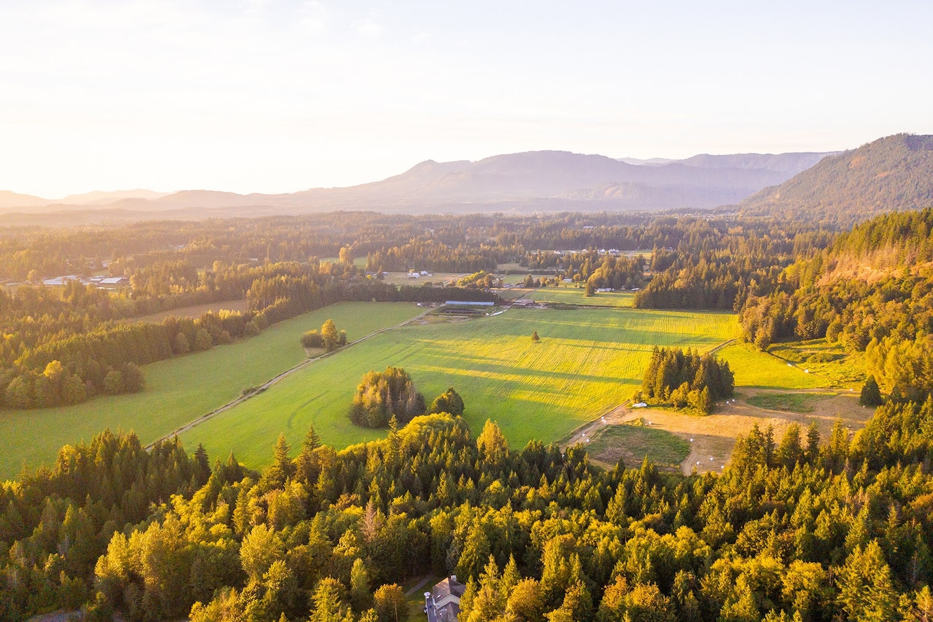 Aerial view of lush farmland and forests in an intentional community setting.