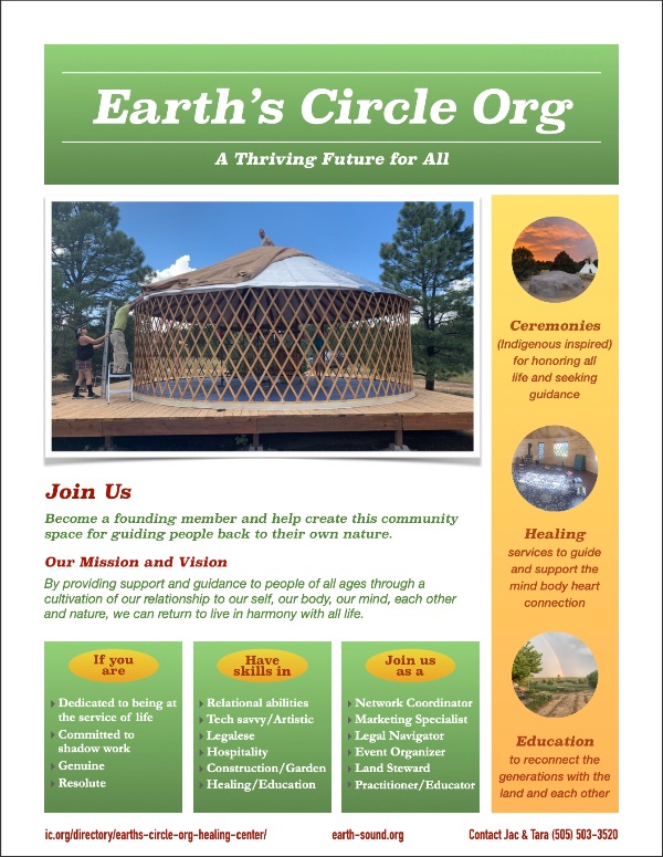 Community gathering at Earth's Circle Org healing center with yurt and nature.