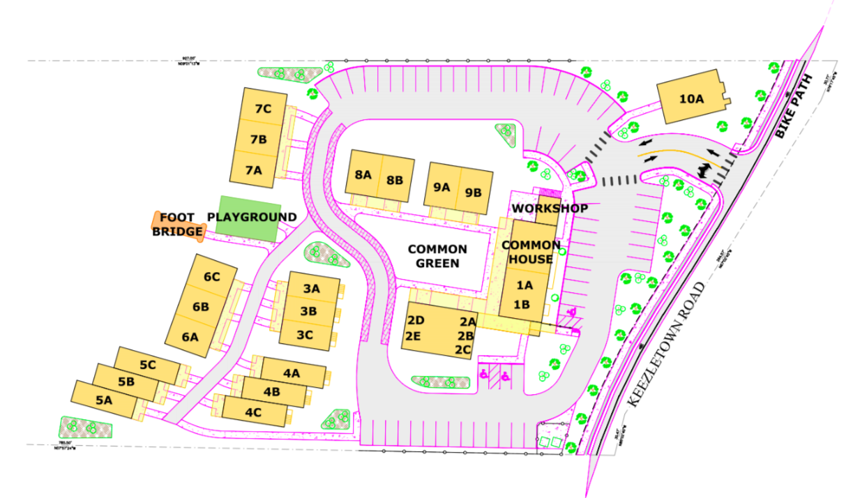 Site map of Juniper Hill Commons with housing, green spaces, and amenities.