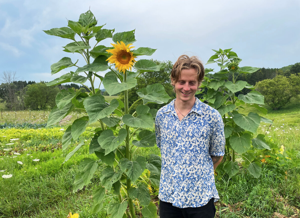 Young man standing in sunflower field with green hills in background.
