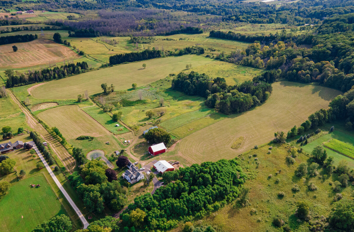 Aerial view of Greenbush Growing Cooperative farm and fields.
