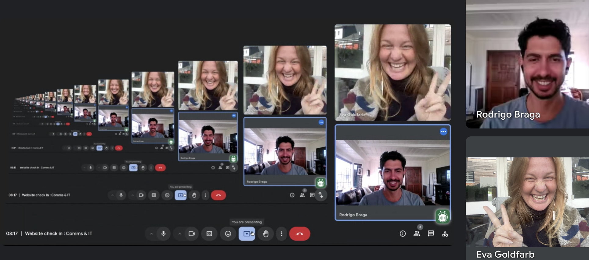 Screenshot of a virtual meeting with smiling participants and video call interface.