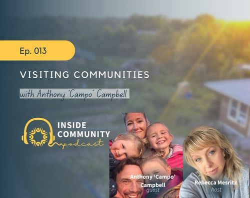 Group of smiling people outdoors during sunset, promoting intentional community visits.