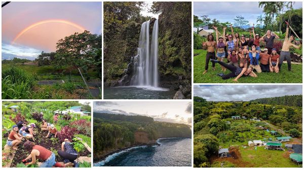 Scenic images of Rainbow Bridge Hawaii, waterfalls, and community activities.