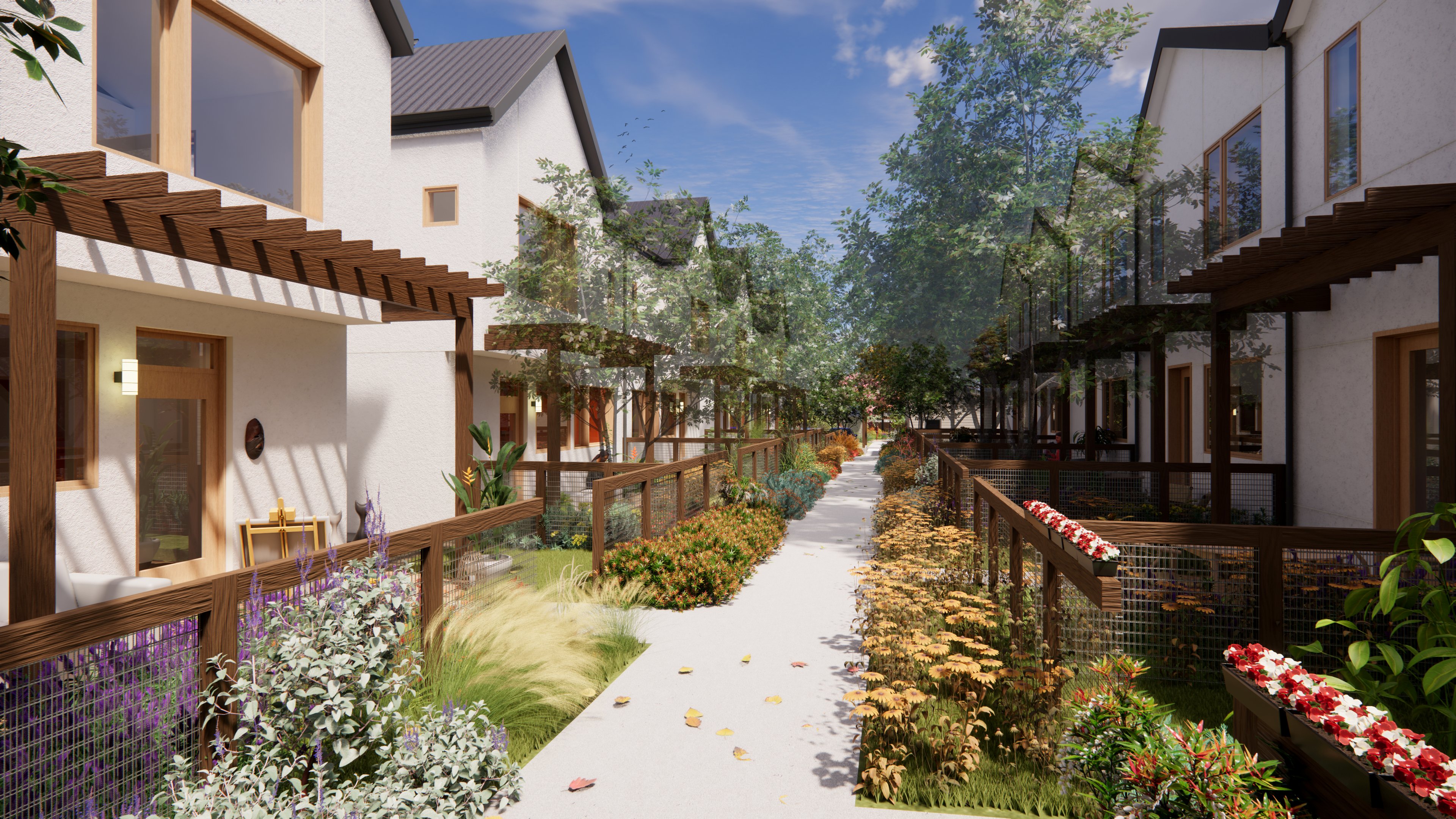 Community housing with modern design and lush landscaping.