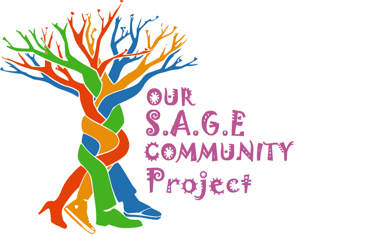 Colorful tree with shoes and text for Our SAGE Community Project.