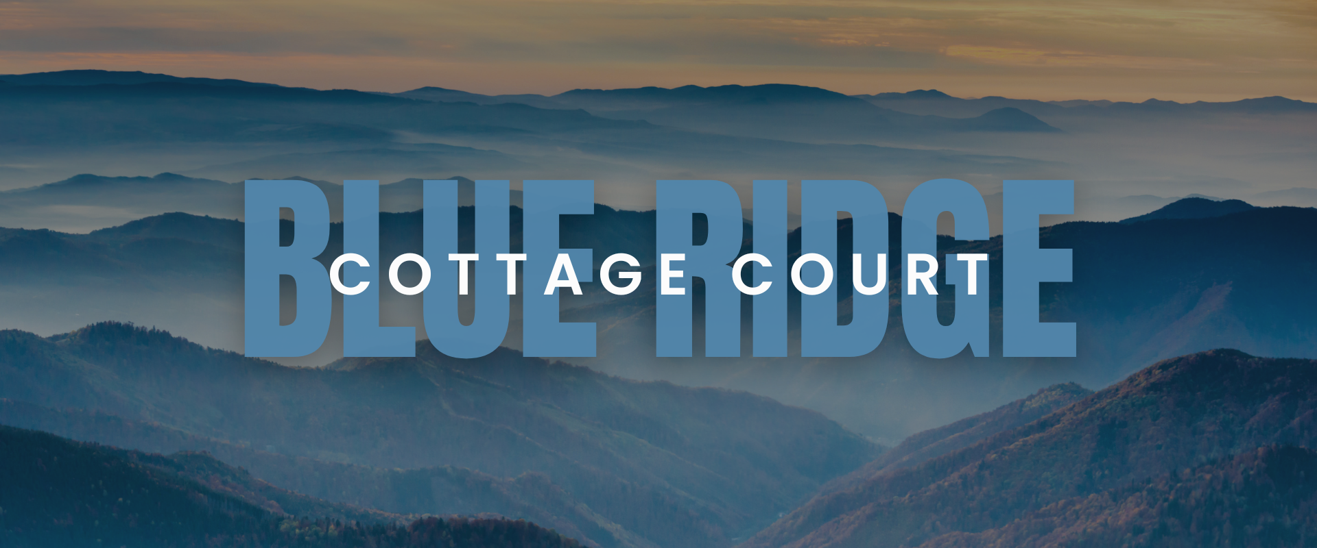 Scenic view of Blue Ridge Mountains with cottage court overlay.