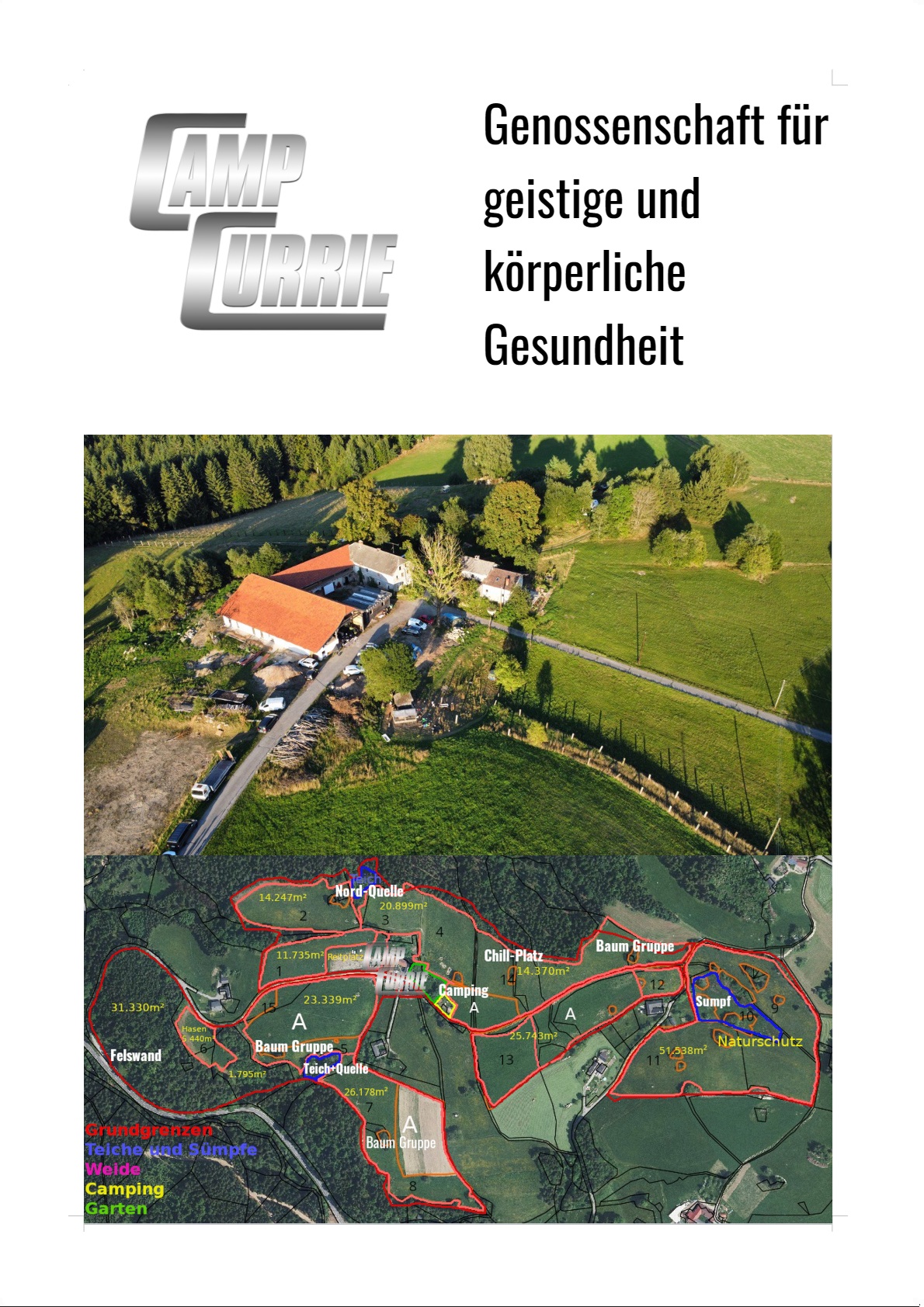 Aerial view of Camp Currie with surrounding green landscape and facilities.