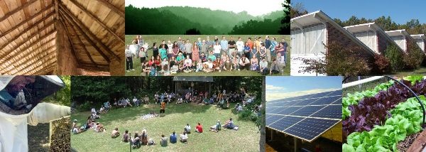 Group of people gathered outdoors at The Farm Community in Summertown, Tennessee.