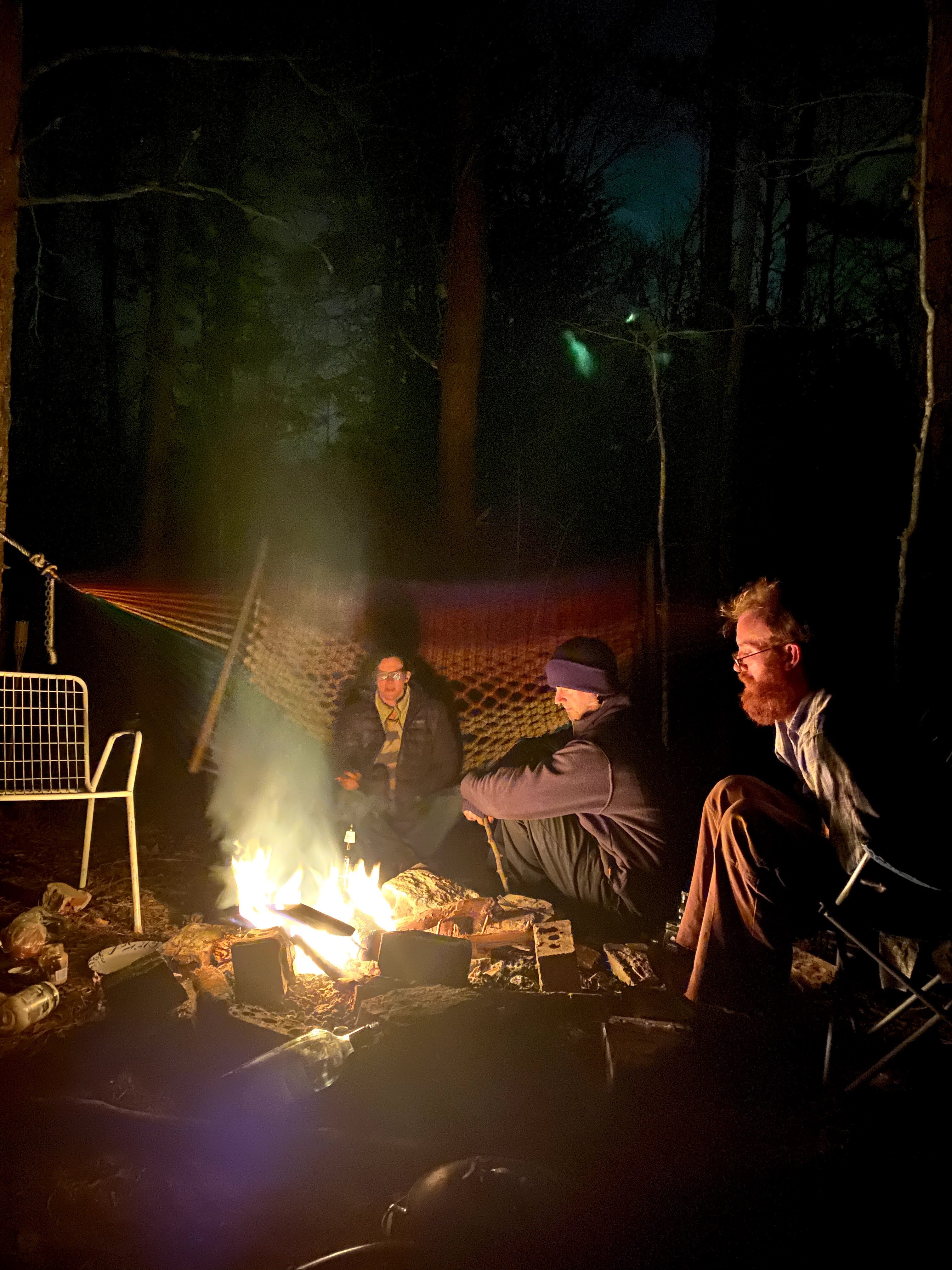 People sitting around campfire in forest at night, enjoying conversation and warmth.