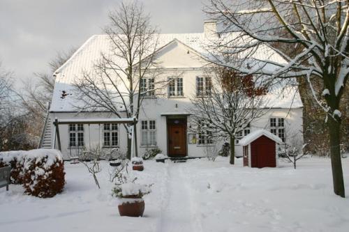 Snow-covered house with trees and garden in winter at Ibsgården.