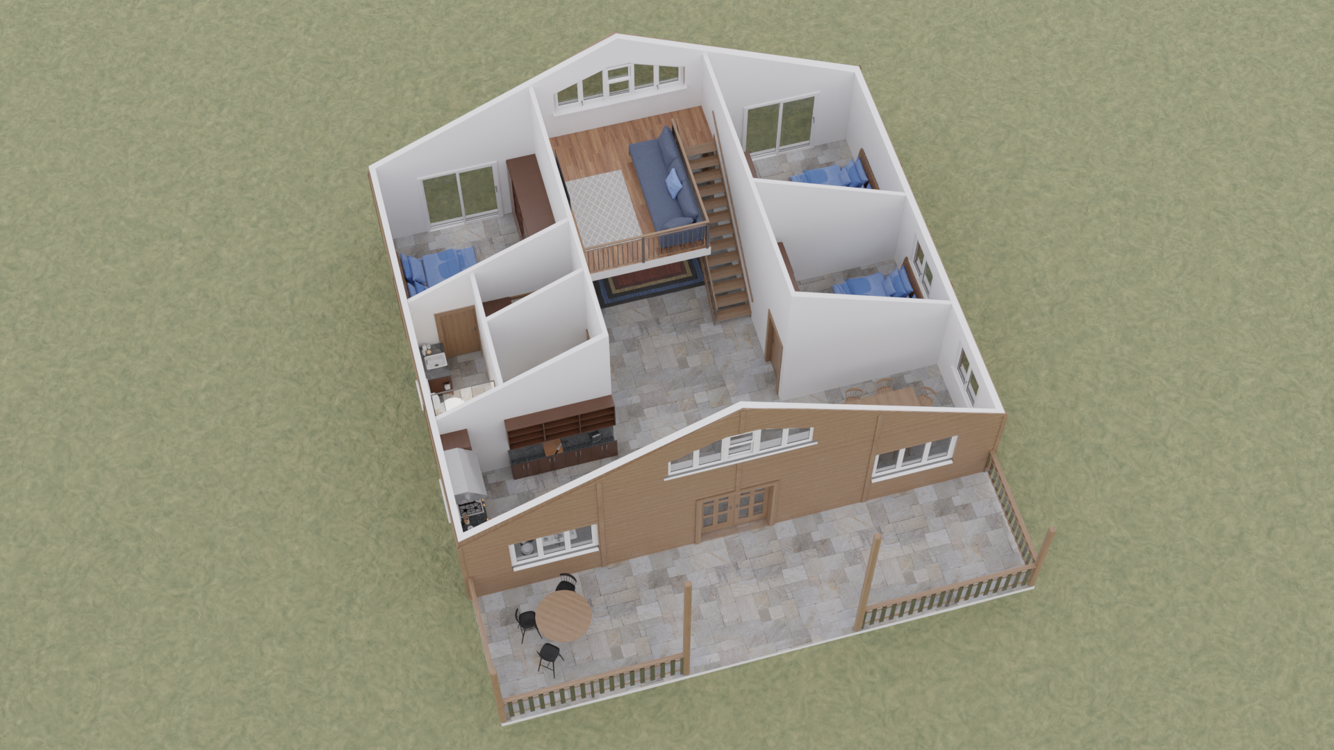 Detailed 3D floor plan of an eco-friendly community house.