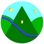 Simplified logo of a mountain, river, sun, and moon for community focus.