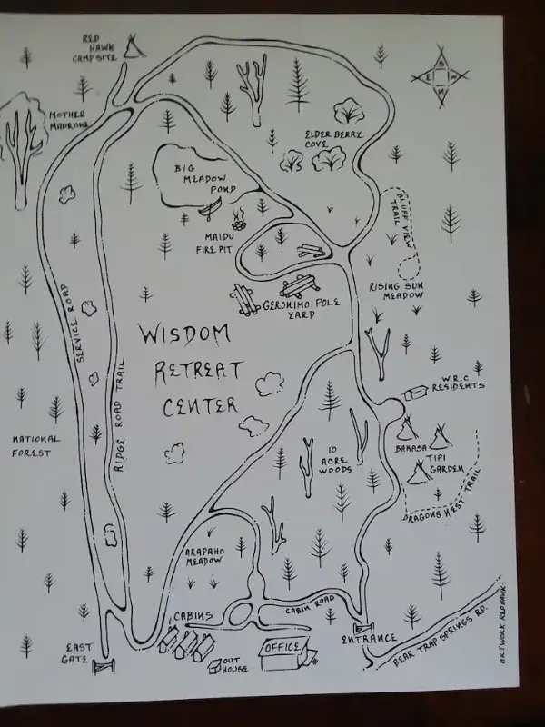 Hand-drawn map of Wisdom Retreat Center with landmarks and natural features.