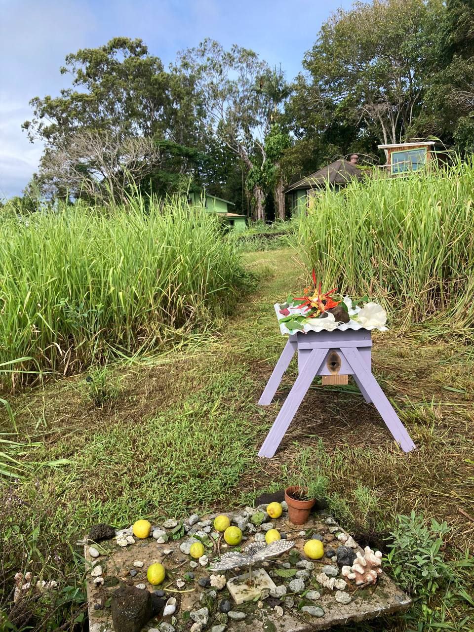 Serene outdoor scene with altar and natural surroundings.