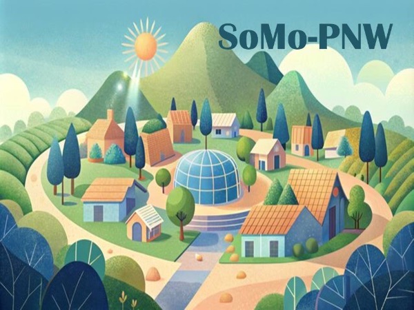 Illustration of a sustainable community with mountains, trees, and eco-friendly buildings.