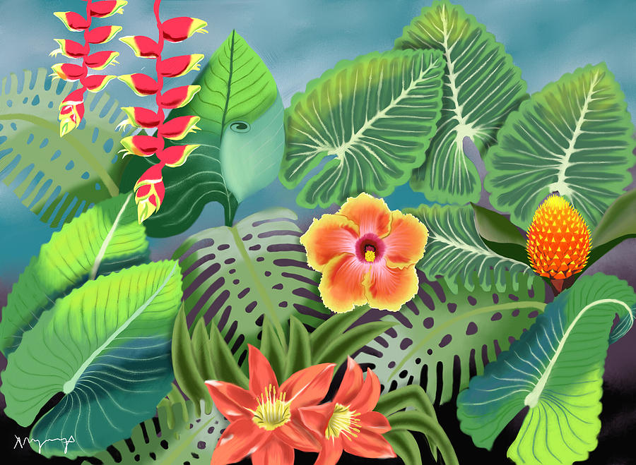 Colorful tropical leaves and flowers for community garden or eco project.