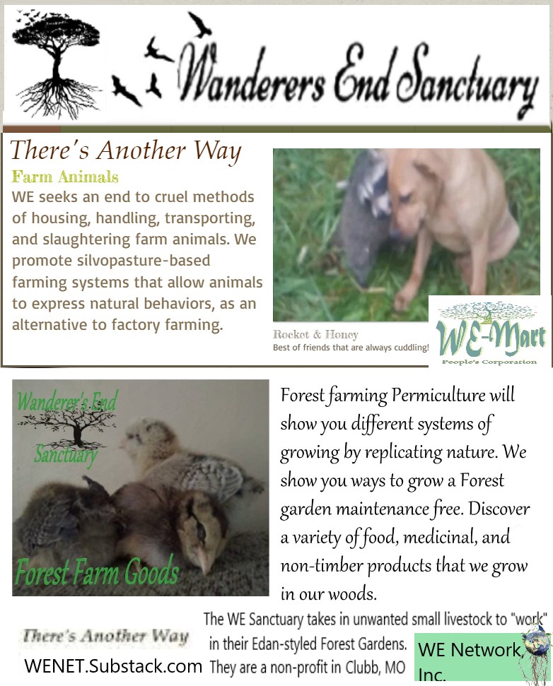 Logo of Wanderers End Sanctuary with images of farm animals and forest farming.