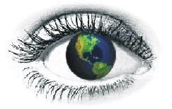 Earth as seen through an eye, symbolizing sustainability and community focus.