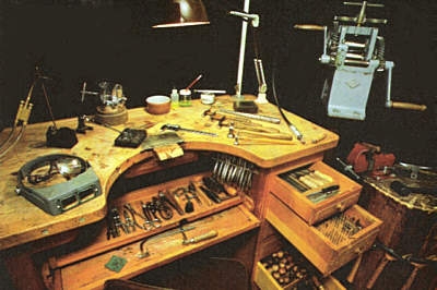 Workshop workspace with tools, equipment, and workbench for crafting and repairs.