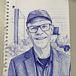 Sketch of a smiling man wearing glasses, a cap, and a suit.