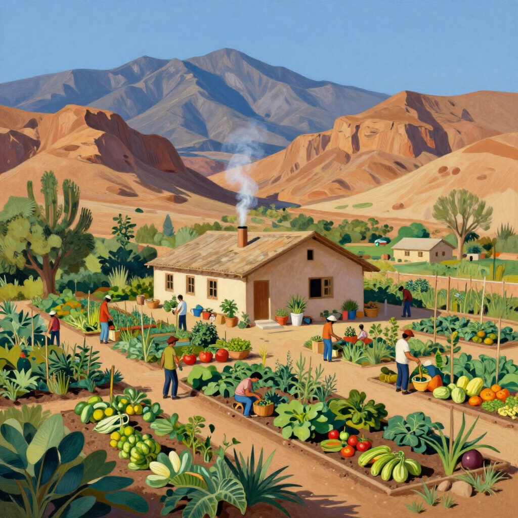 People working in a community garden with mountains in the background.