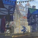 Animated fantasy village with a black cat character running with a scroll.
