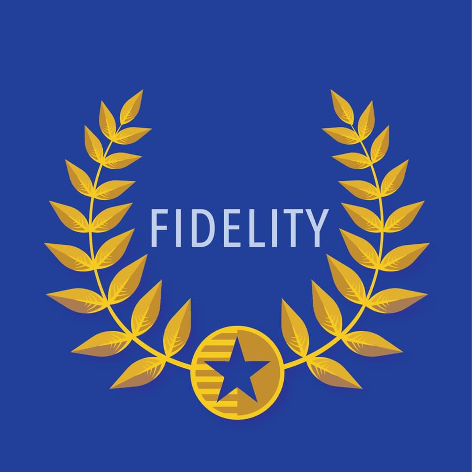 Fidelity logo with gold laurel wreath and star on blue background.