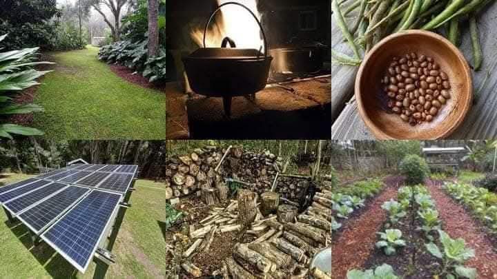 Lush garden with solar panels, fire pit, and vegetable beds at eco community.