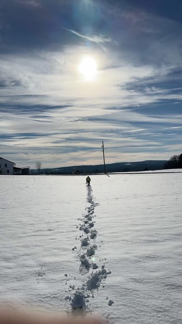 Snow-covered landscape with footprints leading to a person under a bright sun.