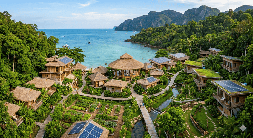 Eco-friendly community with thatched roofs and solar panels near the ocean.