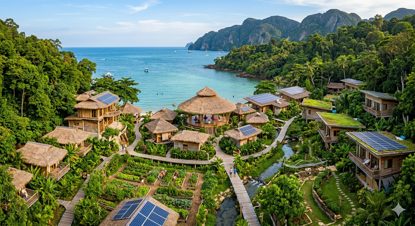 Eco-friendly community with thatched roofs and solar panels near the ocean.