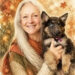 Woman smiling with a puppy in an autumn-themed background.
