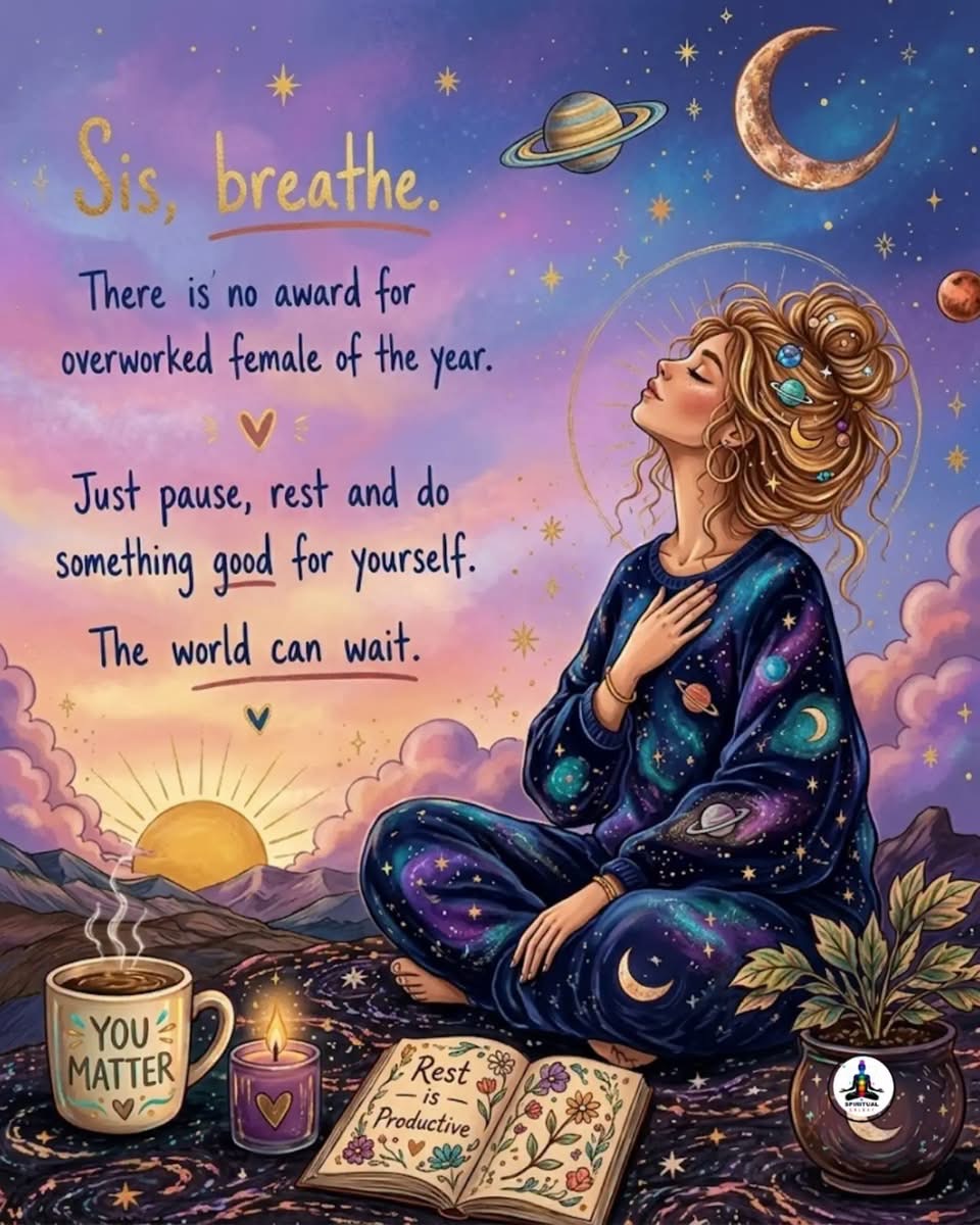 Woman meditating with cosmic and celestial background for mindfulness and self-care.