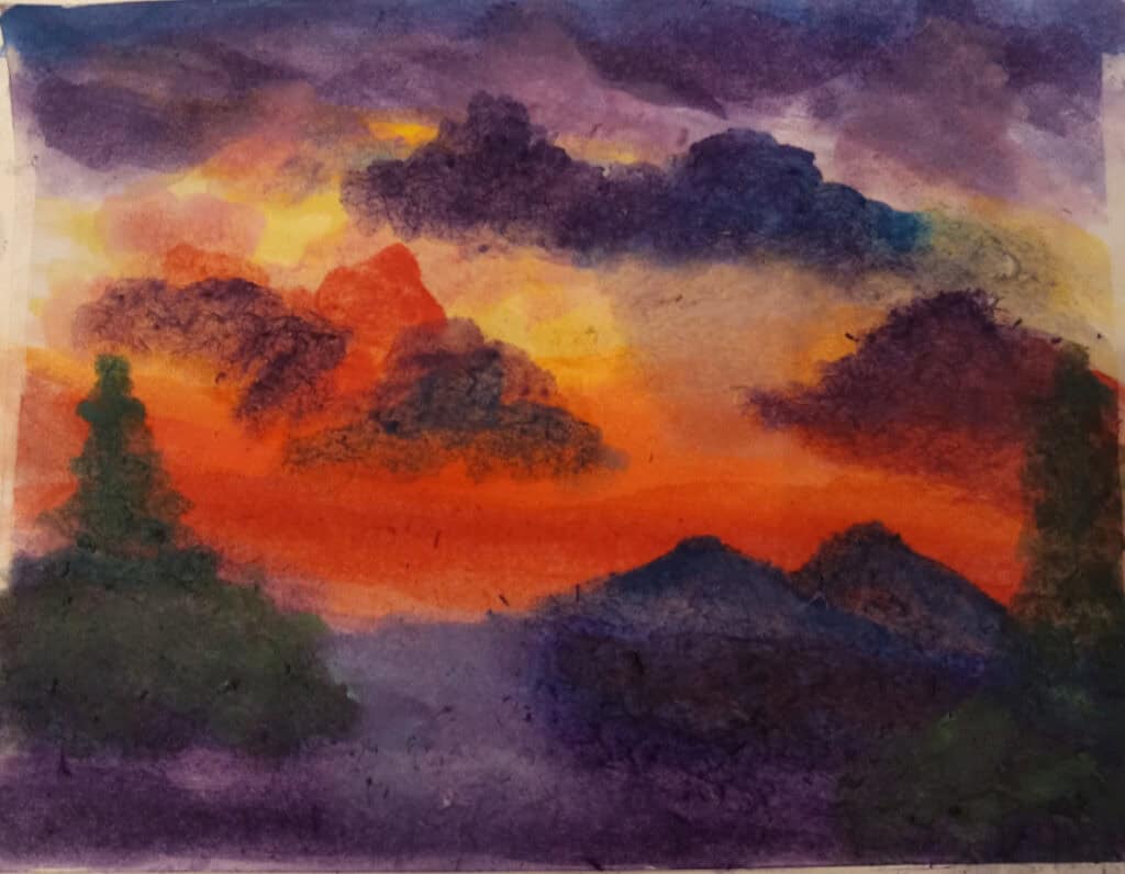 Watercolor sunset landscape with mountains and trees, vibrant colors, and dramatic sky.