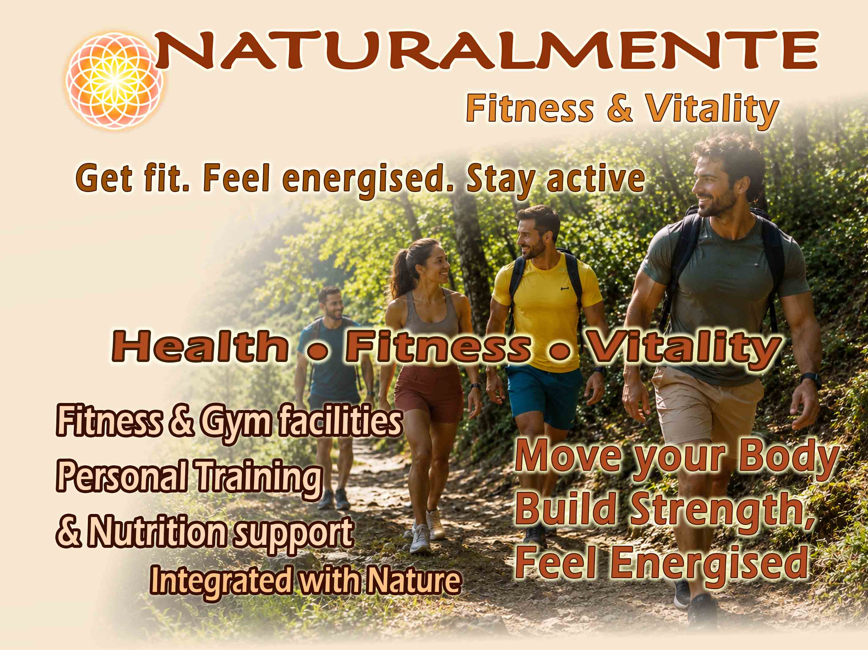 Group of people hiking outdoors for fitness and vitality.
