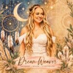 Portrait of a smiling woman with bohemian background and dreamcatcher.