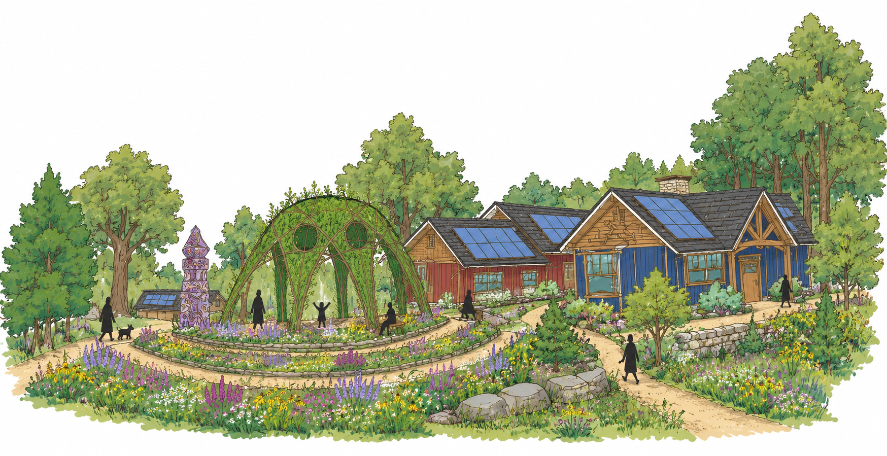Eco-friendly community with solar-powered homes and lush gardens.