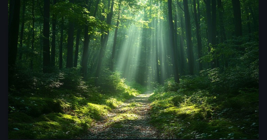 Sunlight filtering through green trees in a peaceful forest setting.