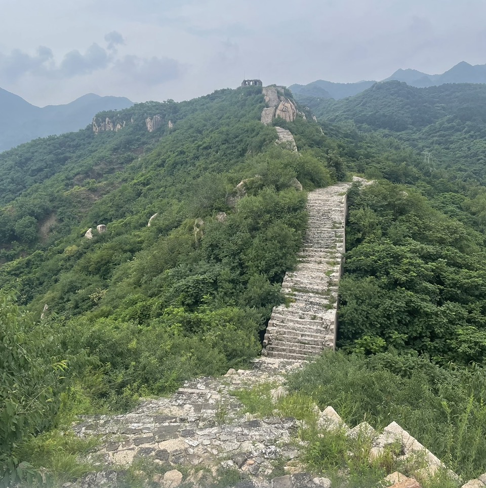 Stone stairway winding through green hills to a distant summit over a forested landscape.