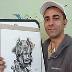 Portrait of a man with a dog sketch on paper framed.