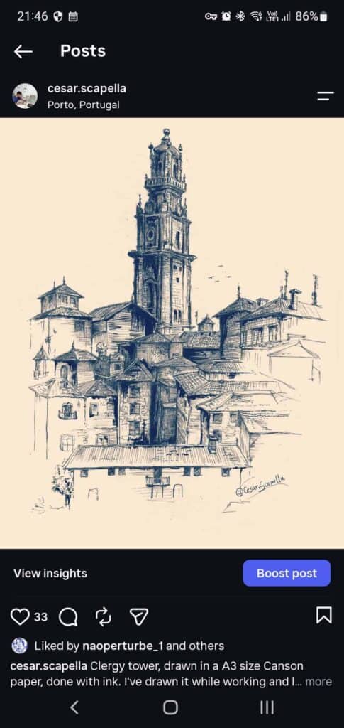 Sketch of a historic tower and buildings by foundation for intentional community.
